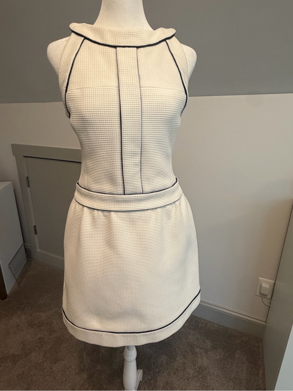 CHANEL Ivory Textured Waffle Weave Sleeveless Mini Dress Navy Piping Size 34 FR